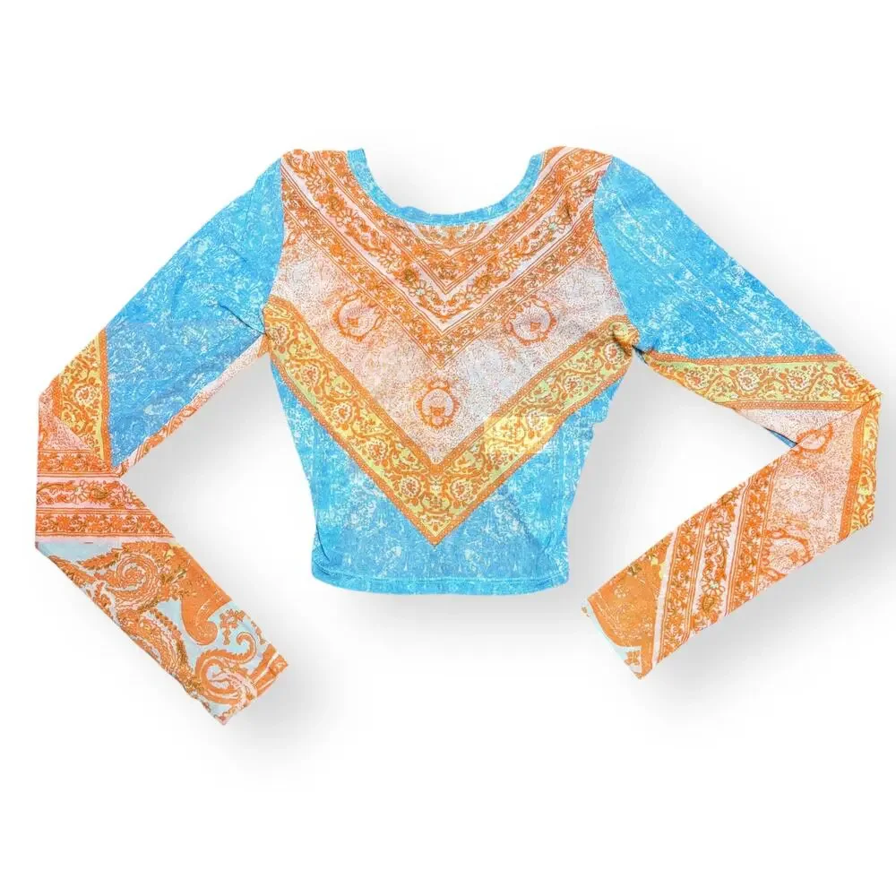 Free People Its My Party Mesh Top‎ Orange Blue Paisley Open Back Crop XS